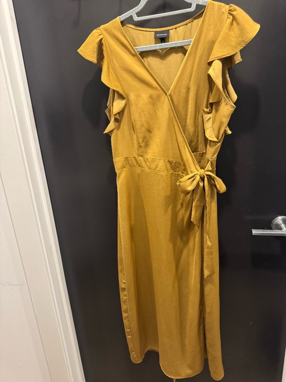 Mustard Yellow Wrap Dress with Ruffled Sleeve
